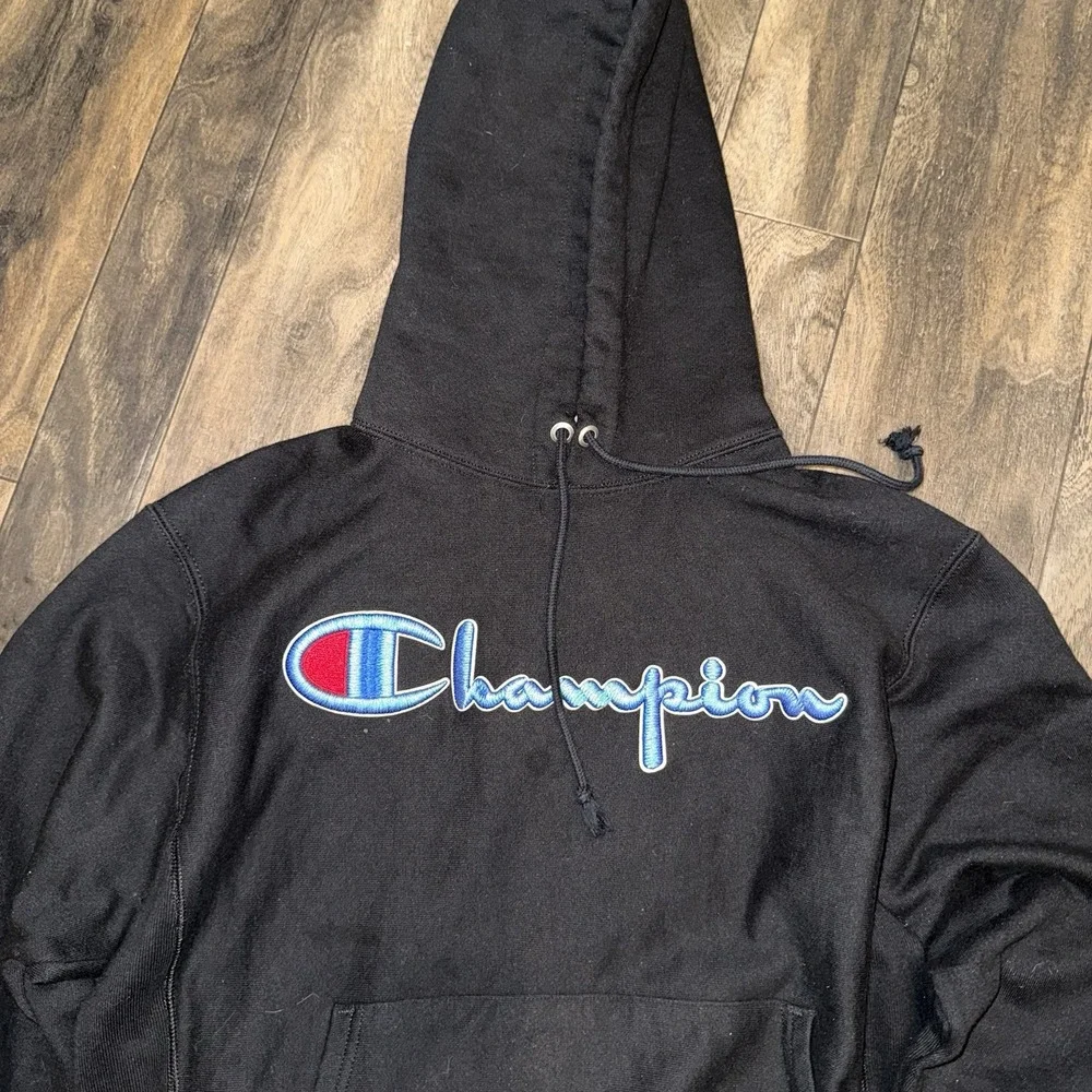 Champion Fleece Hoodie Reverse Weave Script Logo Men's Size M Black 3D Floss